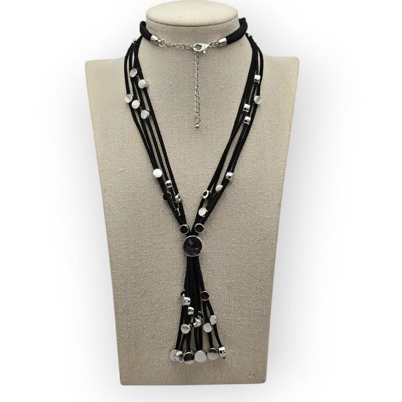 Black Multi Strand Cord Necklace Silver Beaded Tassel Drop Necklace - Picture 3 of 6